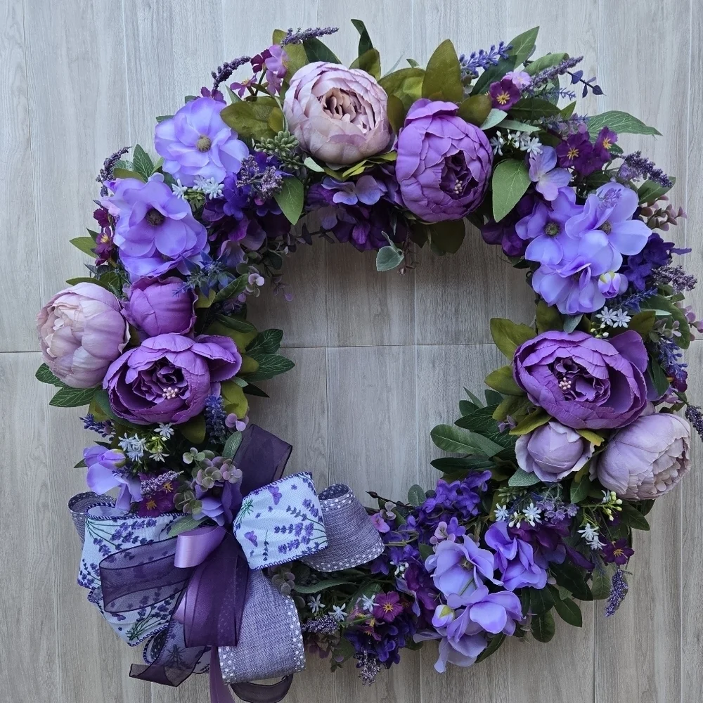 Handmade Purple Floral Wreath with Bow Summer/ Everyday Wreath